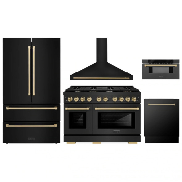 ZLINE 5-Piece Appliance Package - 48-Inch Paramount Gas Range, Wall Mount Range Hood, 36-Inch French Door Refrigerator, Dishwasher, and 30-Inch Microwave Drawer in Black Stainless Steel with Champagne Bronze Accents
