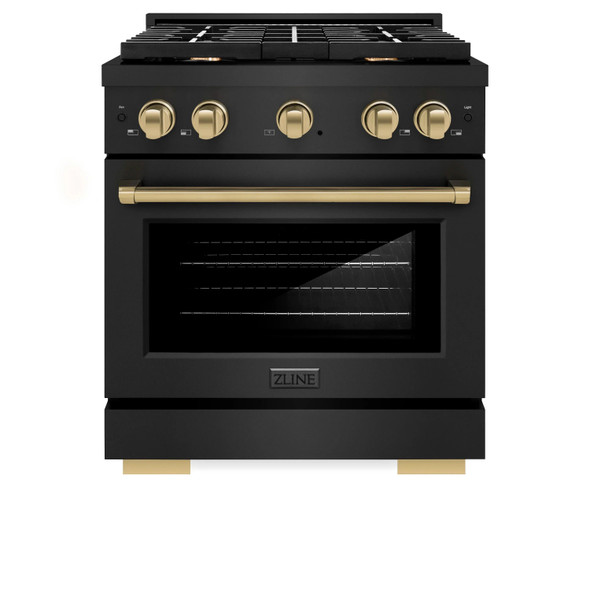 ZLINE 4-Piece Appliance Package - 30-Inch Paramount Gas Range, Wall Mount Range Hood, 36-Inch French Door Refrigerator, Dishwasher, in Black Stainless Steel with Champagne Bronze Accents