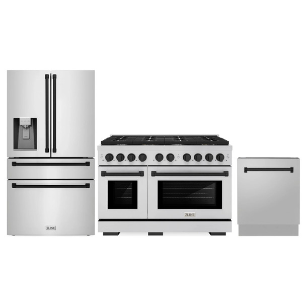 ZLINE 3-Piece Appliance Package - 48-Inch Paramount Autograph Dual Fuel Range, 36-Inch French Door Refrigerator with Water Dispenser, Dishwasher, in Stainless Steel with Matte Black Accents