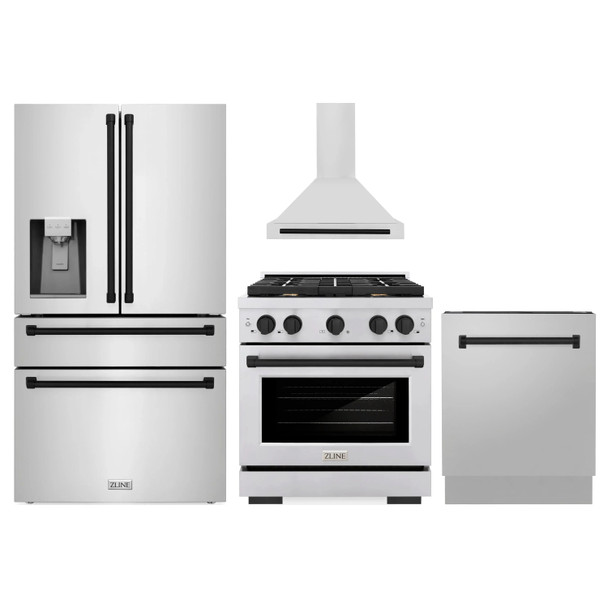 ZLINE 4-Piece Appliance Package - 30-Inch Paramount Autograph Dual Fuel Range, Wall Mount Range Hood, 36-Inch French Door Refrigerator with Water Dispenser, Dishwasher, in Stainless Steel with Matte Black Accents