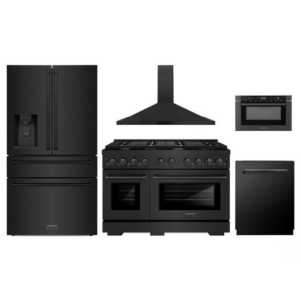 ZLINE 5-Piece Appliance Package - 48-Inch Paramount Gas Range, Wall Mount Range Hood, 36-Inch French Door Refrigerator with Water Dispenser, Dishwasher, and 24-Inch Microwave Drawer in Black Stainless Steel