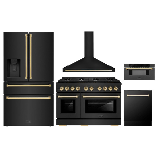 ZLINE 5-Piece Appliance Package - 48-Inch Paramount Dual Fuel Range, Wall Mount Range Hood, 36-Inch French Door Refrigerator with Water Dispenser, Dishwasher, and 30-Inch Microwave Drawer in Black Stainless Steel with Gold Accents