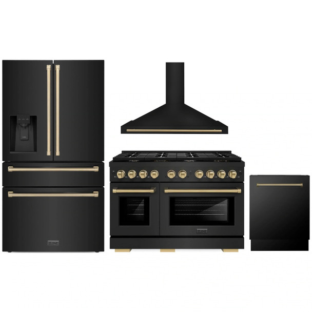 ZLINE 4-Piece Appliance Package - 48-Inch Paramount Gas Range, Wall Mount Range Hood, 36-Inch French Door Refrigerator with Water Dispenser, Dishwasher, in Black Stainless Steel with Champagne Bronze Accents