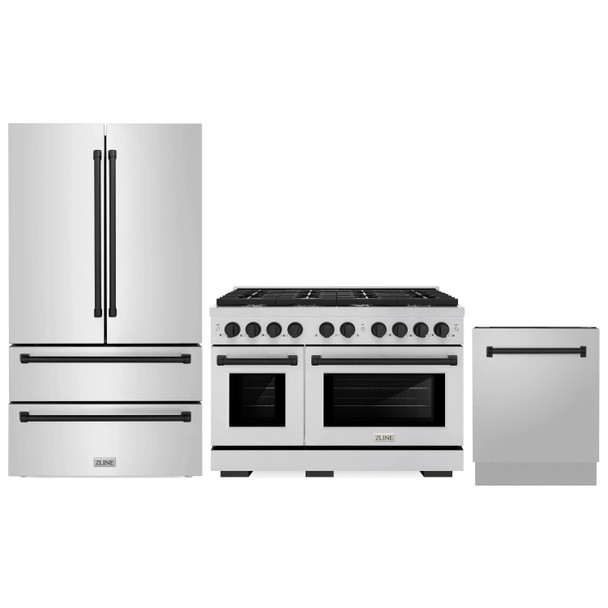 ZLINE 3-Piece Appliance Package - 48-Inch Paramount Autograph Gas Range, 36-Inch French Door Refrigerator, Dishwasher, in Stainless Steel with Matte Black Accents