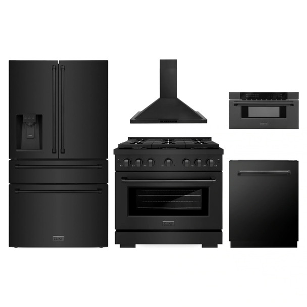 ZLINE 5-Piece Appliance Package - 36-Inch Paramount Gas Range, Wall Mount Range Hood, 36-Inch French Door Refrigerator with Water Dispenser, Dishwasher, and 30-Inch Microwave Drawer in Black Stainless Steel