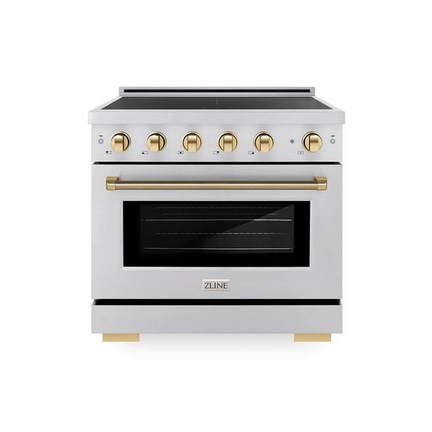 ZLINE Autograph Edition 36-Inch 5.2 Cu. Ft. Paramount Induction Range with 5 Element Cooktop and Electric Convection Oven in Stainless Steel with Polished Gold Helix Handle and Knob Accents (SINRZ-36-KG)