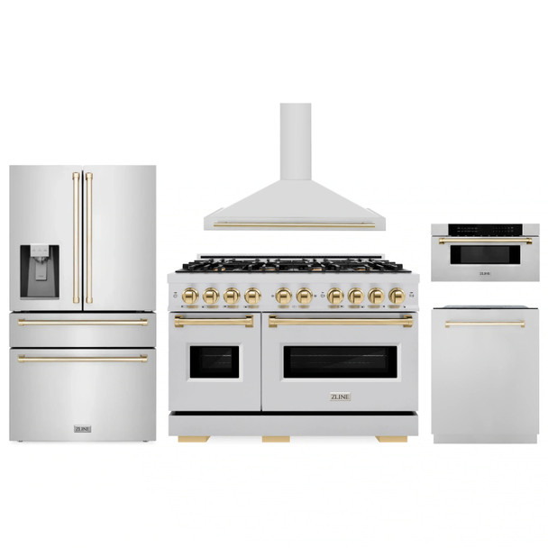 ZLINE 5-Piece Appliance Package - 48-Inch Autograph Edition Gas Range, Wall Mount Range Hood, 36-Inch French Door Refrigerator with Water Dispenser, Dishwasher, and 30-Inch Microwave Drawer in Stainless Steel with Gold Accents