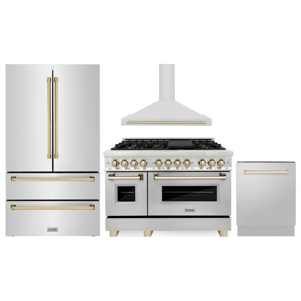 ZLINE 4-Piece Appliance Package - 48-Inch Legacy Autograph Dual Fuel Range, Wall Mount Range Hood, 36-Inch French Door Refrigerator, Dishwasher, in Stainless Steel with Gold Accents