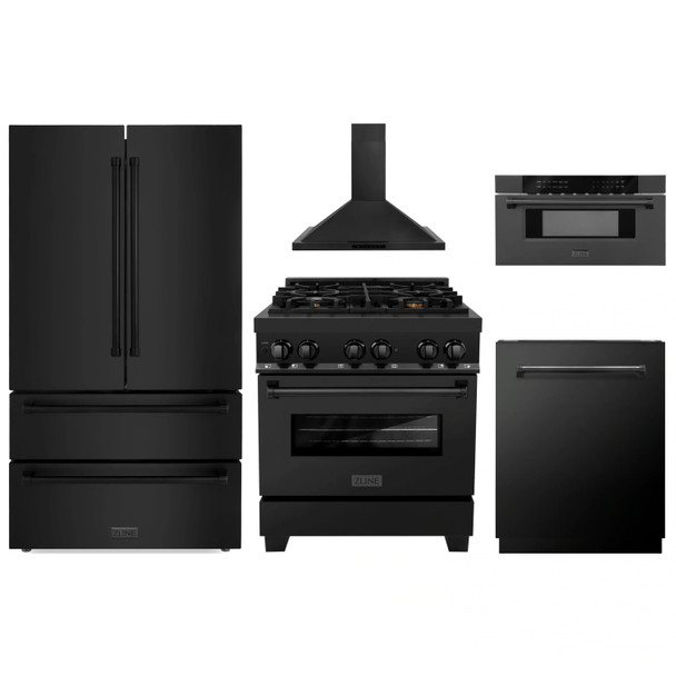 ZLINE 5-Piece Appliance Package - 30-Inch Legacy Dual Fuel Range, Wall Mount Range Hood, 36-Inch French Door Refrigerator, Dishwasher, and 30-Inch Microwave Drawer in Black Stainless Steel