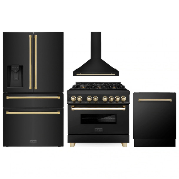 ZLINE 4-Piece Appliance Package - 36-Inch Legacy Dual Fuel Range, Wall Mount Range Hood, 36-Inch French Door Refrigerator with Water Dispenser, Dishwasher, in Black Stainless Steel with Gold Accents