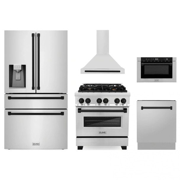 ZLINE 5-Piece Appliance Package - 30-Inch Legacy Autograph Dual Fuel Range, Wall Mount Range Hood, 36-Inch French Door Refrigerator with Water Dispenser, Dishwasher, and 24-Inch Microwave Drawer in Stainless Steel with Matte Black Accents