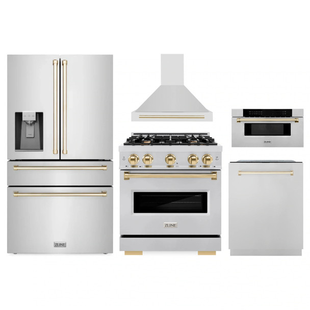 ZLINE 5-Piece Appliance Package - 30-Inch Autograph Edition Dual Fuel Range, Wall Mount Range Hood, 36-Inch French Door Refrigerator with Water Dispenser, Dishwasher, and 30-Inch Microwave Drawer in Stainless Steel with Gold Accents
