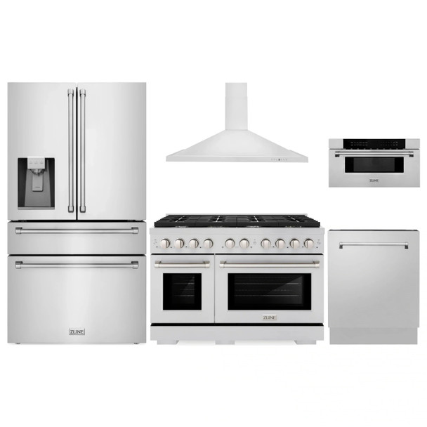 ZLINE 5-Piece Appliance Package - 48-Inch Paramount Gas Range, Wall Mount Range Hood, 36-Inch French Door Refrigerator with Water Dispenser, Dishwasher, and 30-Inch Microwave Drawer in Stainless Steel