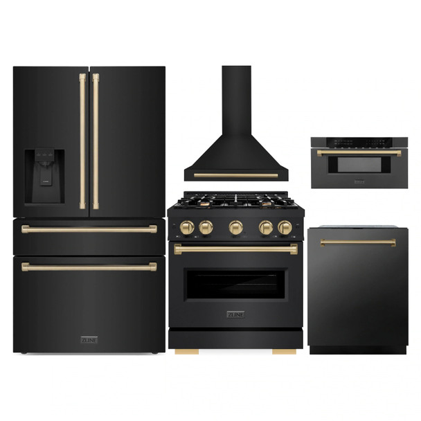 ZLINE 5-Piece Appliance Package - 30-Inch Autograph Edition Dual Fuel Range, Wall Mount Range Hood, 36-Inch French Door Refrigerator with Water Dispenser, Dishwasher, and 30-Inch Microwave Drawer in Black Stainless Steel with Champagne Bronze Accents