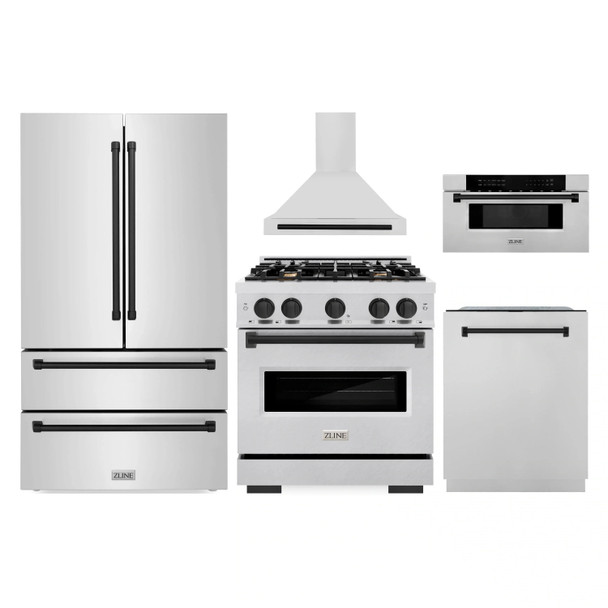 ZLINE 5-Piece Appliance Package - 30-Inch Autograph Edition Dual Fuel Range, Wall Mount Range Hood, 36-Inch French Door Refrigerator, Dishwasher, and 30-Inch Microwave Drawer in Stainless Steel Matte Black Accents