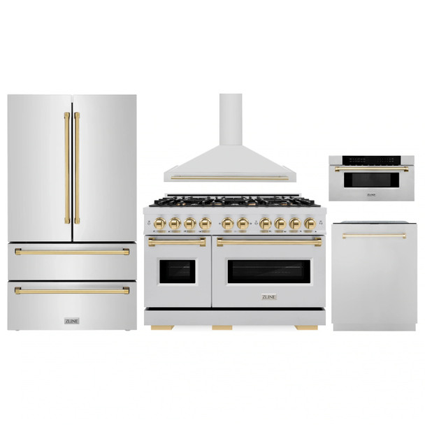 ZLINE 5-Piece Appliance Package - 48-Inch Autograph Edition Dual Fuel Range, Wall Mount Range Hood, 36-Inch French Door Refrigerator, Dishwasher, and 30-Inch Microwave Drawer in Stainless Steel with Gold Accents