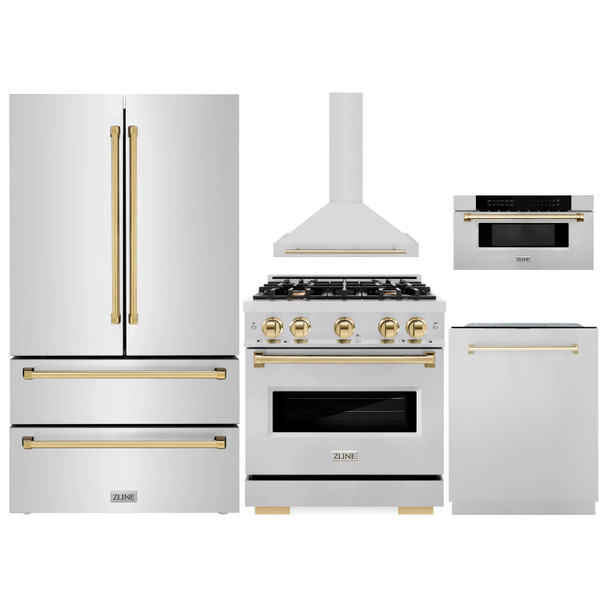 ZLINE 5-Piece Appliance Package - 30-Inch Autograph Edition Gas Range, Wall Mount Range Hood, 36-Inch French Door Refrigerator, Dishwasher, and 30-Inch Microwave Drawer in Stainless Steel with Gold Accents