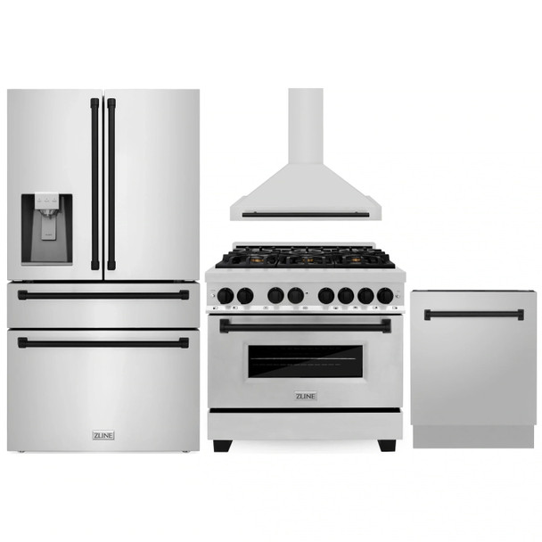 ZLINE 4-Piece Appliance Package - 36-Inch Legacy Autograph Dual Fuel Range, Wall Mount Range Hood, 36-Inch French Door Refrigerator with Water Dispenser, Dishwasher, in Stainless Steel with Matte Black Accents
