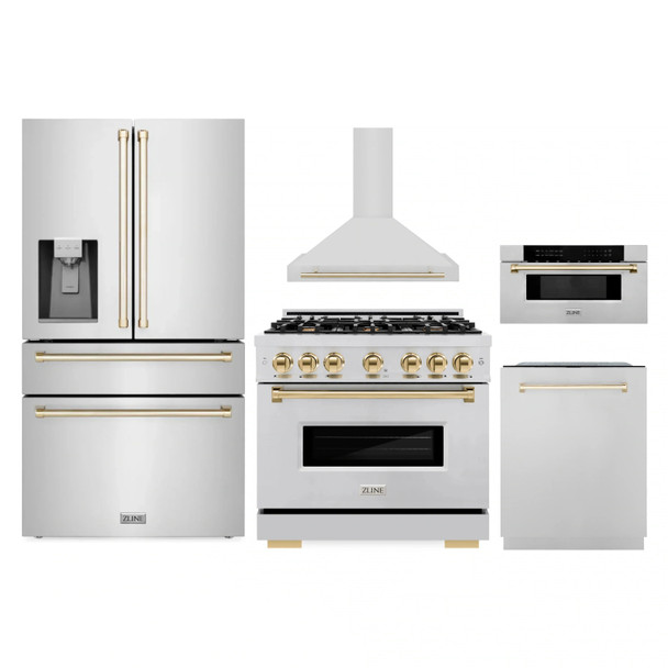 ZLINE 5-Piece Appliance Package - 36-Inch Autograph Edition Gas Range, Wall Mount Range Hood, 36-Inch French Door Refrigerator with Water Dispenser, Dishwasher, and 30-Inch Microwave Drawer in Stainless Steel with Gold Accents