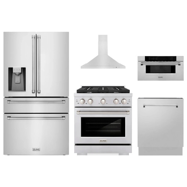 ZLINE 5-Piece Appliance Package - 30-Inch Paramount Gas Range, Wall Mount Range Hood, 36-Inch French Door Refrigerator with Water Dispenser, Dishwasher, and 30-Inch Microwave Drawer in Stainless Steel