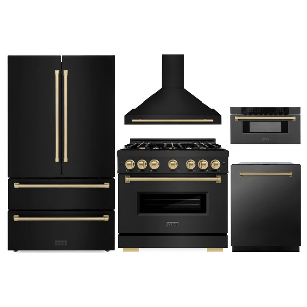 ZLINE 5-Piece Appliance Package - 36-Inch Autograph Edition Gas Range, Wall Mount Range Hood, 36-Inch French Door Refrigerator, Dishwasher, and 30-Inch Microwave Drawer in Black Stainless Steel with Champagne Bronze Accents