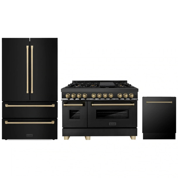 ZLINE 3-Piece Appliance Package - 48-Inch Legacy Dual Fuel Range, 36-Inch French Door Refrigerator, Dishwasher, in Black Stainless Steel with Champagne Bronze Accents