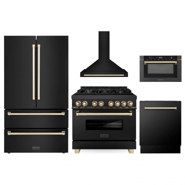 ZLINE 5-Piece Appliance Package - 36-Inch Legacy Dual Fuel Range, Wall Mount Range Hood, 36-Inch French Door Refrigerator, Dishwasher, and 24-Inch Microwave Drawer in Black Stainless Steel with Gold Accents
