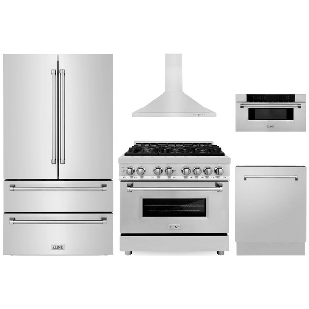 ZLINE 5-Piece Appliance Package - 36-Inch Legacy Dual Fuel Range, Wall Mount Range Hood, 36-Inch French Door Refrigerator, Dishwasher, and 30-Inch Microwave Drawer in Stainless Steel
