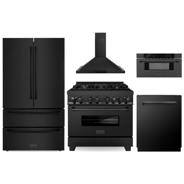 ZLINE 5-Piece Appliance Package - 36-Inch Legacy Dual Fuel Range, Wall Mount Range Hood, 36-Inch French Door Refrigerator, Dishwasher, and 30-Inch Microwave Drawer in Black Stainless Steel