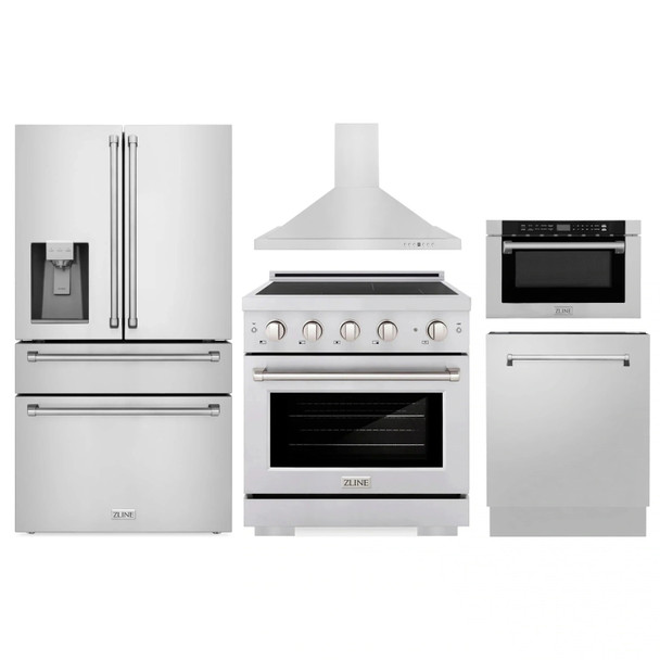 ZLINE 5-Piece Appliance Package - 30-Inch Paramount Induction Range, Wall Mount Range Hood, 36-Inch French Door Refrigerator with Water Dispenser, Dishwasher, and 24-Inch Microwave Drawer in Stainless Steel