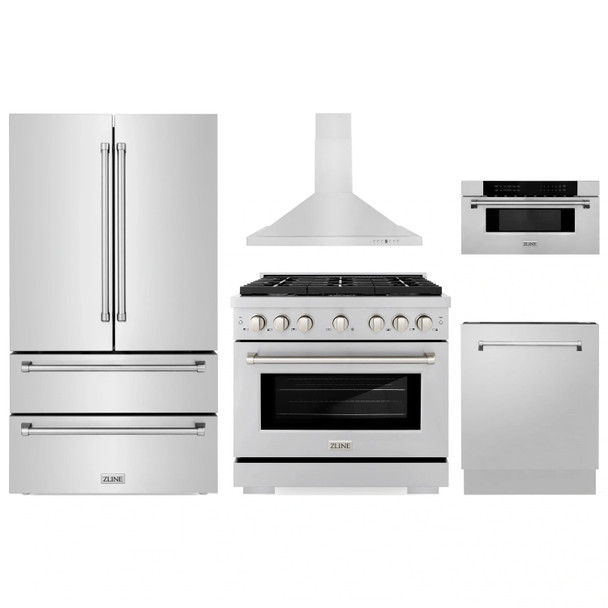 ZLINE 5-Piece Appliance Package - 36-Inch Paramount Dual Fuel Range, Wall Mount Range Hood, 36-Inch French Door Refrigerator, Dishwasher, and 30-Inch Microwave Drawer in Stainless Steel