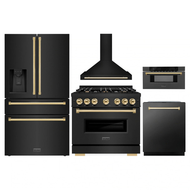 ZLINE 5-Piece Appliance Package - 36-Inch Autograph Edition Dual Fuel Range, Wall Mount Range Hood, 36-Inch French Door Refrigerator with Water Dispenser, Dishwasher, and 30-Inch Microwave Drawer in Black Stainless Steel with Gold Accents