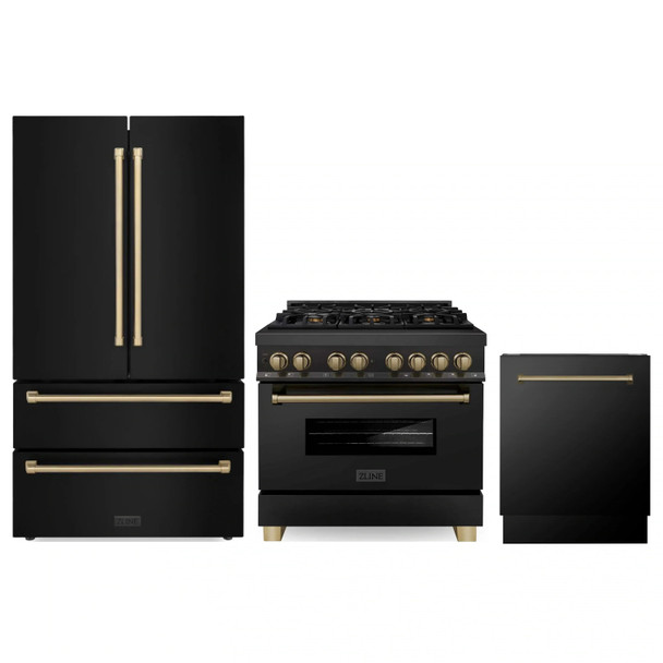 ZLINE 3-Piece Appliance Package - 36-Inch Legacy Dual Fuel Range, 36-Inch French Door Refrigerator, Dishwasher, in Black Stainless Steel with Champagne Bronze Accents