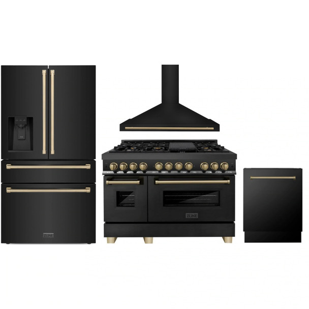 ZLINE 4-Piece Appliance Package - 48-Inch Legacy Dual Fuel Range, Wall Mount Range Hood, 36-Inch French Door Refrigerator with Water Dispenser, Dishwasher, in Black Stainless Steel with Champagne Bronze Accents