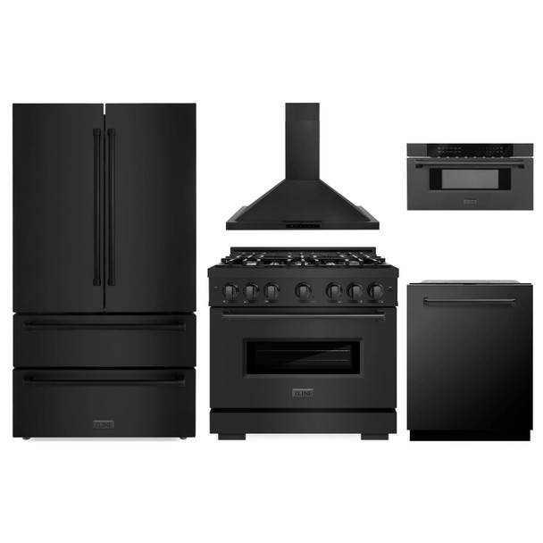 ZLINE 5-Piece Appliance Package - 36-Inch Classic Gas Range, Wall Mount Range Hood, 36-Inch French Door Refrigerator, Dishwasher, and 30-Inch Microwave Drawer in Black Stainless Steel