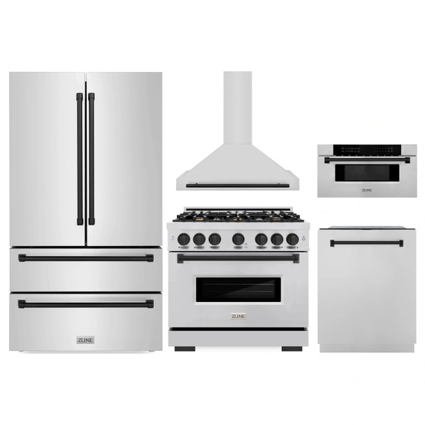 ZLINE 5-Piece Appliance Package - 36-Inch Autograph Edition Dual Fuel Range, Wall Mount Range Hood, 36-Inch French Door Refrigerator, Dishwasher, and 30-Inch Microwave Drawer in Stainless Steel Matte Black Accents