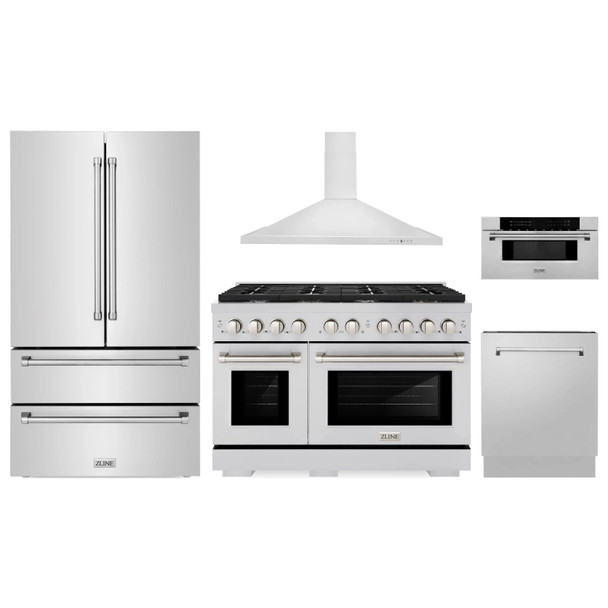 ZLINE 5-Piece Appliance Package - 48-Inch Paramount Dual Fuel Range, Wall Mount Range Hood, 36-Inch French Door Refrigerator, Dishwasher, and 30-Inch Microwave Drawer in Stainless Steel