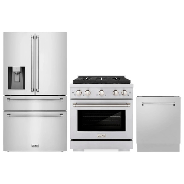 ZLINE 3-Piece Appliance Package - 30-Inch Paramount Dual Fuel Range, 36-Inch French Door Refrigerator with Water Dispenser, Dishwasher, in Stainless Steel