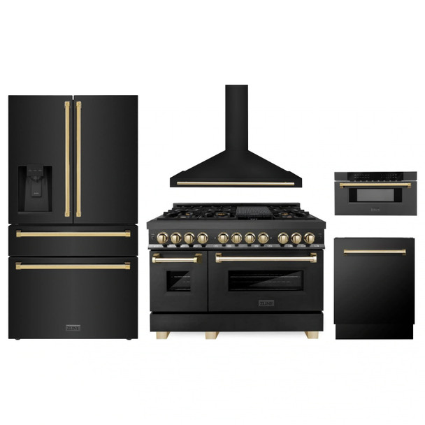 ZLINE 5-Piece Appliance Package - 48-Inch Legacy Dual Fuel Range, Wall Mount Range Hood, 36-Inch French Door Refrigerator with Water Dispenser, Dishwasher, and 30-Inch Microwave Drawer in Black Stainless Steel with Gold Accents