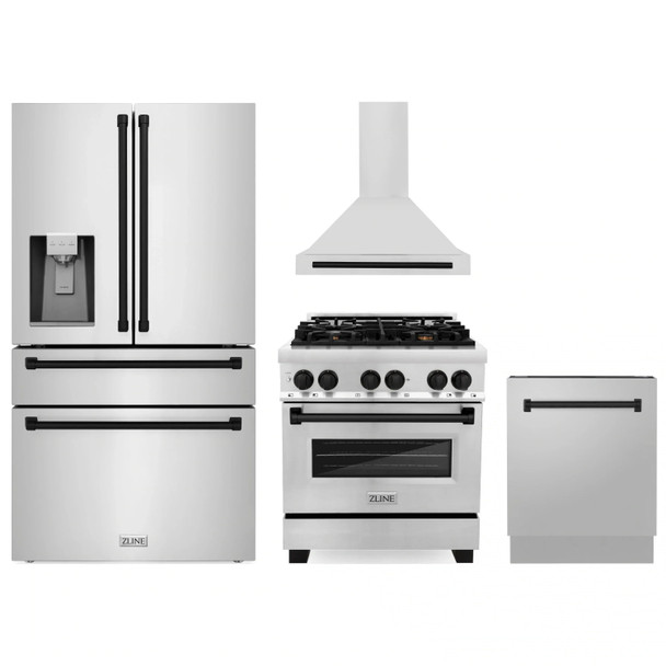 ZLINE 4-Piece Appliance Package - 30-Inch Legacy Autograph Dual Fuel Range, Wall Mount Range Hood, 36-Inch French Door Refrigerator with Water Dispenser, Dishwasher, in Stainless Steel with Matte Black Accents