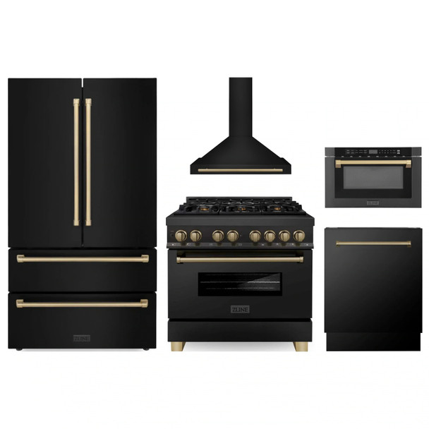 ZLINE 5-Piece Appliance Package - 36-Inch Legacy Dual Fuel Range, Wall Mount Range Hood, 36-Inch French Door Refrigerator, Dishwasher, and 24-Inch Microwave Drawer in Black Stainless Steel with Champagne Bronze Accents