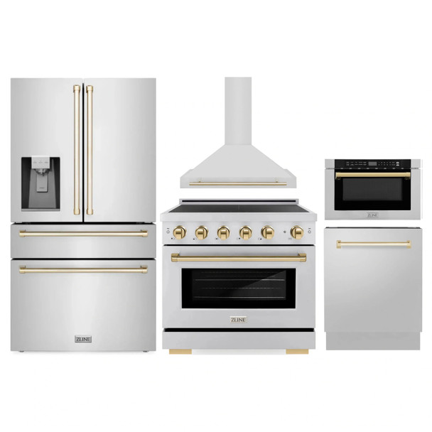 ZLINE 5-Piece Appliance Package - 36-Inch Autograph Edition Induction Range, Wall Mount Range Hood, 36-Inch French Door Refrigerator with Water Dispenser, Dishwasher, and 24-Inch Microwave Drawer in Stainless Steel with Gold Accents