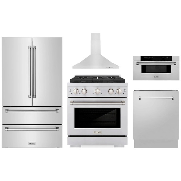 ZLINE 5-Piece Appliance Package - 30-Inch Paramount Dual Fuel Range, Wall Mount Range Hood, 36-Inch French Door Refrigerator, Dishwasher, and 30-Inch Microwave Drawer in Stainless Steel