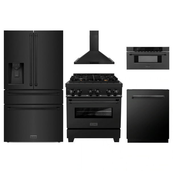 ZLINE 5-Piece Appliance Package - 30-Inch Legacy Dual Fuel Range, Wall Mount Range Hood, 36-Inch French Door Refrigerator with Water Dispenser, Dishwasher, and 30-Inch Microwave Drawer in Black Stainless Steel