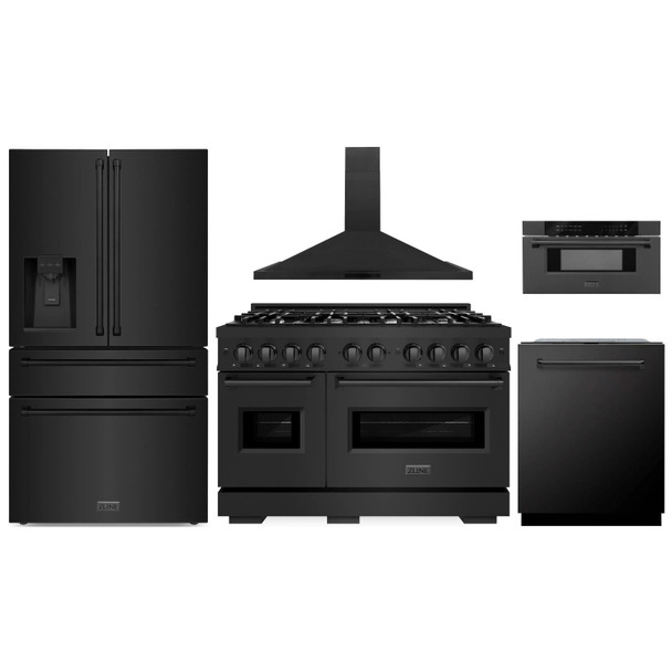 ZLINE 5-Piece Appliance Package - 48-Inch Classic Dual Fuel Range, Wall Mount Range Hood, 36-Inch French Door Refrigerator with Water Dispenser, Dishwasher, and 30-Inch Microwave Drawer in Black Stainless Steel