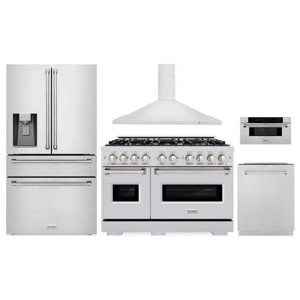 ZLINE 5-Piece Appliance Package - 48-Inch Classic Gas Range, Wall Mount Range Hood, 36-Inch French Door Refrigerator with Water Dispenser, Dishwasher, and 30-Inch Microwave Drawer in Stainless Steel