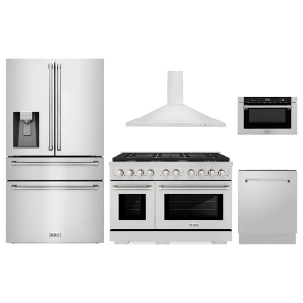 ZLINE 5-Piece Appliance Package - 48-Inch Paramount Gas Range, Wall Mount Range Hood, 36-Inch French Door Refrigerator with Water Dispenser, Dishwasher, and 24-Inch Microwave Drawer in Stainless Steel