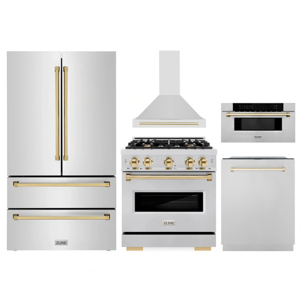 ZLINE 5-Piece Appliance Package - 30-Inch Autograph Edition Dual Fuel Range, Wall Mount Range Hood, 36-Inch French Door Refrigerator, Dishwasher, and 30-Inch Microwave Drawer in Stainless Steel with Gold Accents
