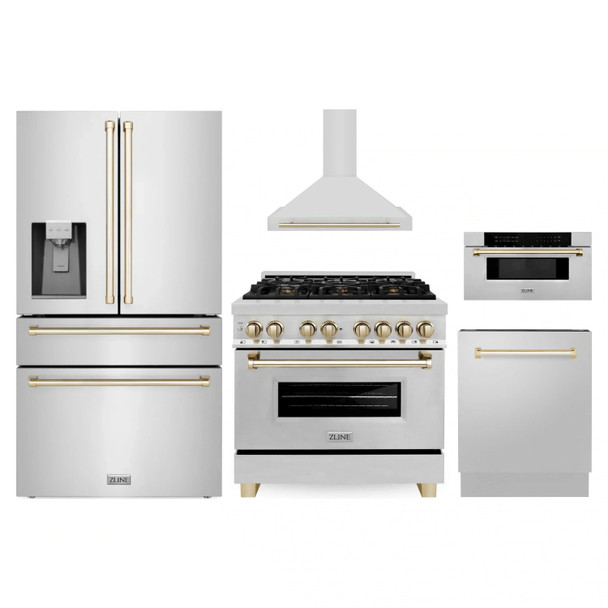 ZLINE 5-Piece Appliance Package - 36-Inch Legacy Autograph Dual Fuel Range, Wall Mount Range Hood, 36-Inch French Door Refrigerator with Water Dispenser, Dishwasher, and 30-Inch Microwave Drawer in Stainless Steel with Gold Accents