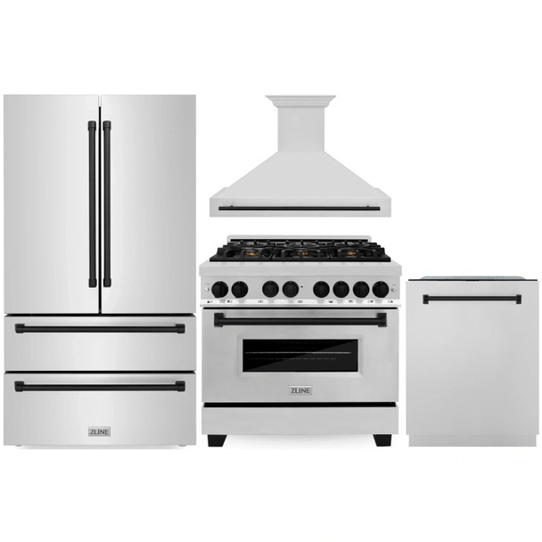 ZLINE 4-Piece Appliance Package - 36-Inch Legacy Autograph Dual Fuel Range, Wall Mount Range Hood, 36-Inch French Door Refrigerator, Dishwasher, in Stainless Steel with Matte Black Accents